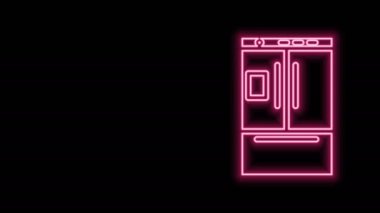 Parlayan neon hattı buzdolabı simgesi siyah arkaplanda izole edildi. Buzdolabı buzdolabı. Ev aletleri ve aletler. 4K Video hareketli grafik canlandırması