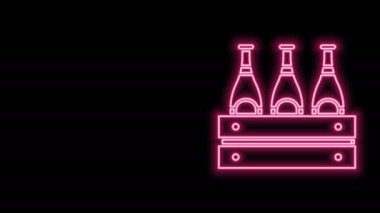 Parlayan neon hattı bira şişesi ikonu siyah arka planda izole edildi. Tahta kutu ve bira şişeleri. Kutu bira kutusu tabelası. 4K Video hareketli grafik canlandırması