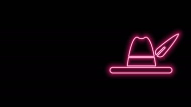 Parlayan neon hattı Oktoberfest şapka simgesi siyah arkaplanda izole edildi. Tüylü avcı şapkası. Alman şapkası. 4K Video hareketli grafik canlandırması