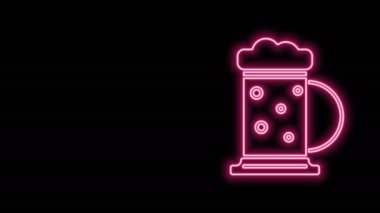 Parlayan neon hattı, siyah arka planda izole edilmiş tahta bardak ikonu. 4K Video hareketli grafik canlandırması