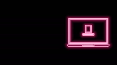 Parlayan neon hattı dizüstü bilgisayar simgesi siyah arkaplanda izole edildi. Boş ekran işaretli bilgisayar defteri. 4K Video hareketli grafik canlandırması