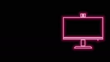 Parlayan neon hattı bilgisayar monitörü simgesi siyah arkaplanda izole edildi. Bilgisayar bileşeni işareti. 4K Video hareketli grafik canlandırması