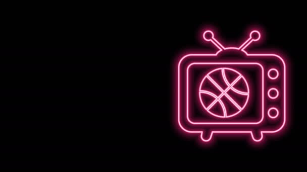 Zářící neon line Basketbal zápas na ikonu televizního programu izolované na černém pozadí. Grafická animace pohybu videa 4K — Stock video