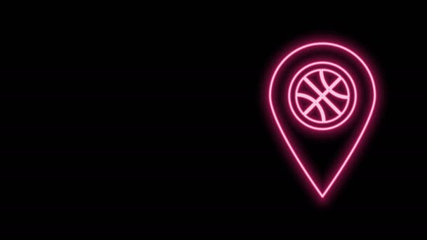 Linea al neon incandescente Posizione con pallone da basket all'interno icona isolata su sfondo nero. Animazione grafica 4K Video motion — Video Stock