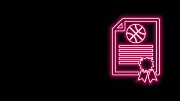 Leuchtende Neon-Linie Zertifikat Vorlage Basketball Auszeichnung Symbol isoliert auf schwarzem Hintergrund. Leistung, Auszeichnung, Abschluss, Stipendium, Diplomkonzepte. 4K Video Motion Grafik Animation — Stockvideo
