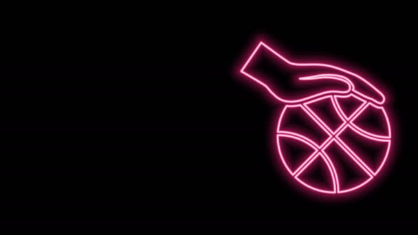 Gloeiende neon lijn Hand met basketbal pictogram geïsoleerd op zwarte achtergrond. Sport symbool. 4K Video motion grafische animatie — Stockvideo