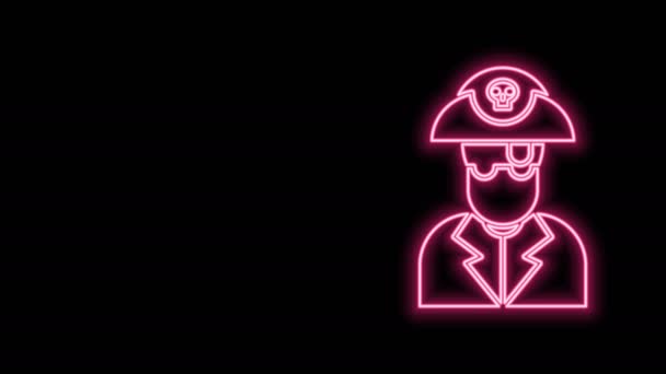 Ragyogó neon vonal Kalóz kapitány ikon elszigetelt fekete háttérrel. 4K Videó mozgás grafikus animáció — Stock videók