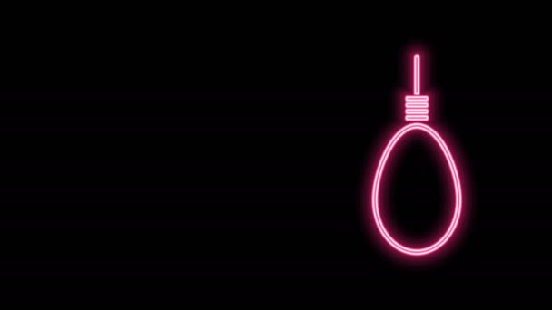 Linea neon incandescente Icona appesa ad anello a fune isolata su sfondo nero. Corda legata al cappio. Suicidio, impiccagione o linciaggio. Animazione grafica 4K Video motion — Video Stock
