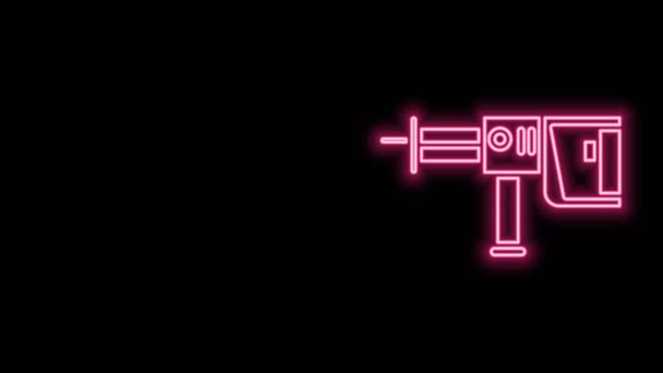 Linea neon incandescente Icona della trapano elettrico a martelli rotanti isolata su sfondo nero. Strumento di lavoro per lavori di costruzione, finitura, riparazione. Animazione grafica 4K Video motion — Video Stock