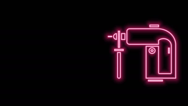 Világító neon vonal Elektromos forgó kalapácsos fúrógép ikon elszigetelt fekete alapon. Szerszám építési, kivitelezési, javítási munkákhoz. 4K Videó mozgás grafikus animáció — Stock videók