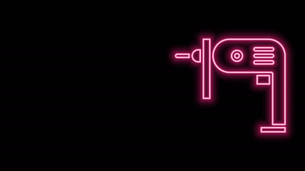 Gloeiende neon lijn Elektrische boor machine pictogram geïsoleerd op zwarte achtergrond. Reparatie gereedschap. 4K Video motion grafische animatie — Stockvideo