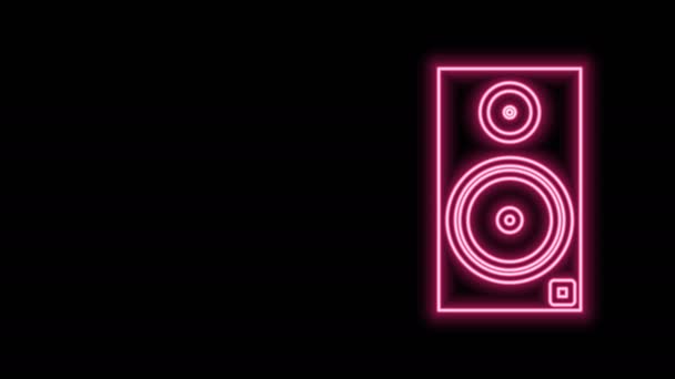 Leuchtendes Neon Line Stereo Lautsprechersymbol isoliert auf schwarzem Hintergrund. Soundsystem-Lautsprecher. Musik-Ikone. Musikalische Säulenlautsprecher Bass-Ausstattung. 4K Video Motion Grafik Animation — Stockvideo