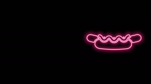 Sandwich Hotdog ligne fluo brillant avec icône moutarde isolée sur fond noir. Icône de saucisse. Menu de restauration rapide de rue. Animation graphique de mouvement vidéo 4K — Video