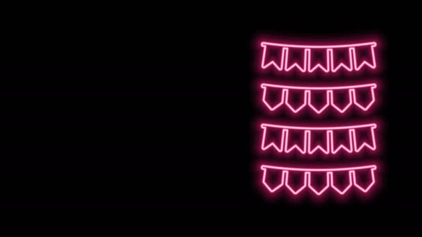 Светящиеся неоновые линии Карнавальная гирлянда с иконкой флагов изолированы на черном фоне. Вымпелы для празднования дня рождения, фестиваля и ярмарки украшения. Видеографическая анимация 4K — стоковое видео