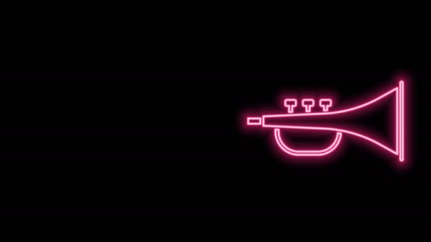 Gloeiende neon lijn Muzikaal instrument trompet icoon geïsoleerd op zwarte achtergrond. 4K Video motion grafische animatie — Stockvideo