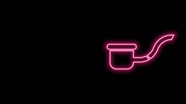 Zářící neonová čára Kouřící dýmka s kouřovou ikonou izolovanou na černém pozadí. Tabáková dýmka. Grafická animace pohybu videa 4K — Stock video