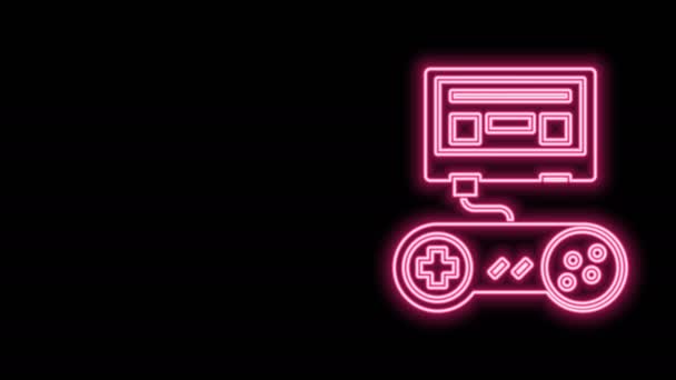 Lumineux néon ligne console de jeu vidéo avec icône joystick isolé sur fond noir. Animation graphique de mouvement vidéo 4K — Video
