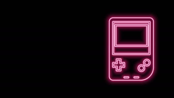 Linea neon incandescente Icona della console portatile per videogiochi isolata su sfondo nero. Segno del gamepad. Concetto di gioco. Animazione grafica 4K Video motion — Video Stock