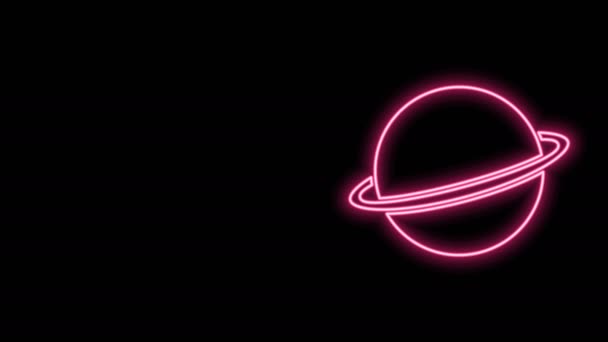 Linea luminosa al neon Planet Saturn con icona del sistema ad anello planetario isolata su sfondo nero. Animazione grafica 4K Video motion — Video Stock