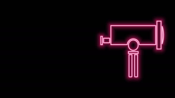 Glowing neon line Telescope icon isolated on black background. Alat ilmiah. Elemen pendidikan dan astronomi, teropong dan bintang belajar. Animasi grafis gerak Video 4K — Stok Video