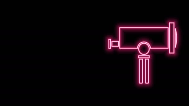 Gloeiende neon lijn Telescoop pictogram geïsoleerd op zwarte achtergrond. Wetenschappelijk instrument. Opleiding en astronomie element, verrekijker en studie sterren. 4K Video motion grafische animatie — Stockvideo