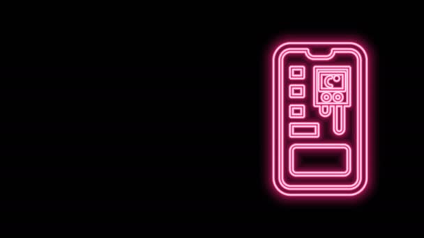 Leuchtende Neon Line Smart Control Farming System mobile Anwendung Symbol isoliert auf schwarzem Hintergrund. 4K Video Motion Grafik Animation — Stockvideo