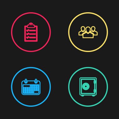 Satır Takvimi, Güvenli, Kullanıcılar grubu ve kontrol listesi simgesine sahip panoyu ayarla. Vektör.