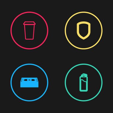 Hat Stacks kağıt para, su dolu spor şişesi, kalkan ve kahve kupası ikonu. Vektör.