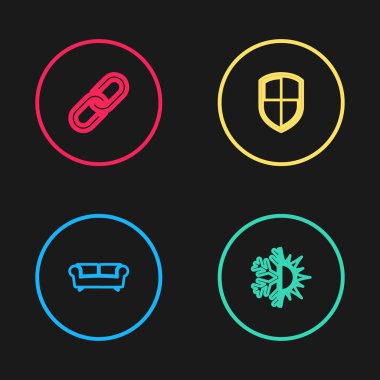 Koltuk, Güneş ve Kar Tanesi, Kalkan ve Zincir bağlantı simgesini ayarlayın. Vektör.