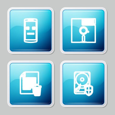 Hat Ölü Mobil, Disket Disketi 5.25 inç, Dosya Belgesi Sil ve HDD koruma simgesi. Vektör.