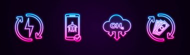 Hattı şarj et, uçuş modunu mobil, metan emisyonlarını azalt ve parayı iade et. Parlayan neon ikonu. Vektör.