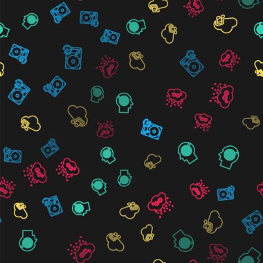 Sabit disk sürücüsünü saat yönünde, baş avcılığı konsepti, müzik akışı servisi ve CO2 emisyon bulutunu kusursuz desen üzerine ayarla. Vektör.