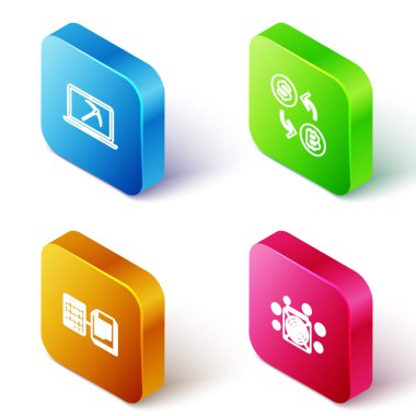 Isometric hattı madenciliğini dizüstü bilgisayar ve kazma, kripto para değişimi, akıllı sözleşme ve ASIC Miner simgesi ile ayarla. Vektör.