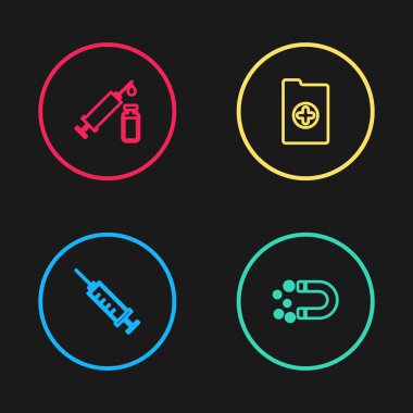 Şırıngayı ayarla, parası olan mıknatıs, klinik kayıtları, şırınga ve şişe ikonu. Vektör.