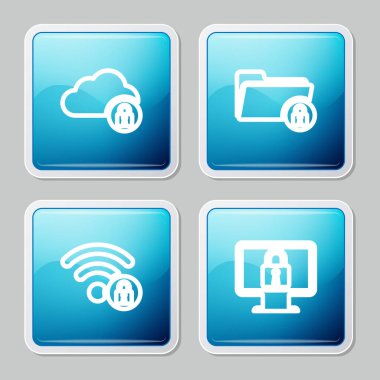 Satır Cloud bilgisayar kilidi, Dizin ve Wifi monitör simgesine kilitlendi ve kilitlendi. Vektör.
