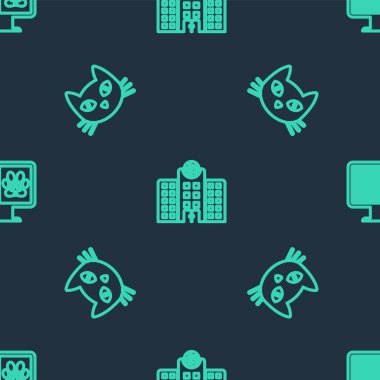 Veteriner hekimlik hastanesi, kedi ve klinik kayıt evcil hayvanı kusursuz bir şekilde monitörde. Vektör.