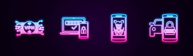 VPN hattını mikroçip devresi, iki adım doğrulama, mobil ve yüz tanıma sistemi ve Smart car güvenlik sistemine ayarlayın. Parlayan neon ikonu. Vektör.