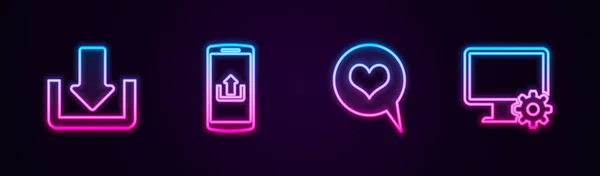 Set Line Download Smartphone Upload Heart Speech Bubble Και Οθόνη — Διανυσματικό Αρχείο