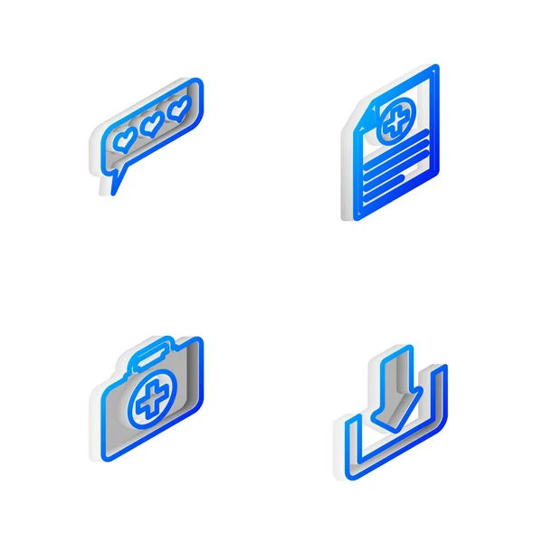 Isometrische Linie Klinischer Datensatz Gefällt Mir Und Herz Verbandskasten Und — Stockvektor