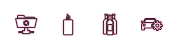 Establecer Línea Actualización Sincronización Ftp Botellas Vino Vela Ardiente Icono — Vector de stock