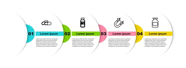 Set Linie Medikamentenpille Oder Tablette Medikamentenfläschchen Ampulle Magnet Mit Blitz — Stockvektor