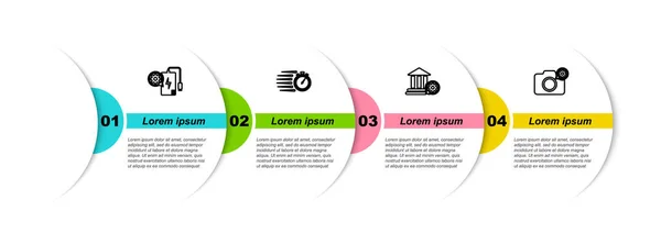 设置线路电源库设置 银行大楼和摄影相机 业务信息模板 — 图库矢量图片