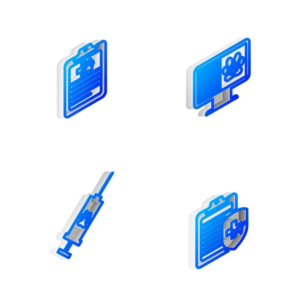 Set Isometric Line Clinical Record Pet Monitor Spritze Mit Impfstoff — Stockvektor