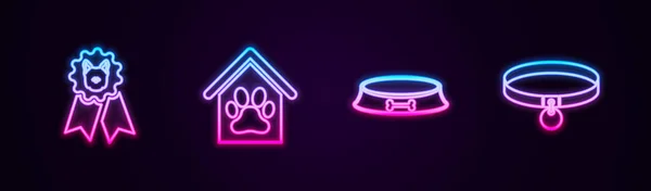 设置线狗奖标志 房子和爪子打印宠物 宠物食品碗和领子 发光的霓虹灯图标 — 图库矢量图片