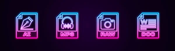 Set Line File Document Mp3 Raw Doc Glowing Neon Icon — Stock Vector