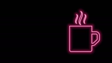 Parlayan neon hattı kahve fincanı simgesi siyah arka planda izole edilmiş. Çay fincanı. Sıcak içecek kahvesi. 4K Video hareketli grafik canlandırması