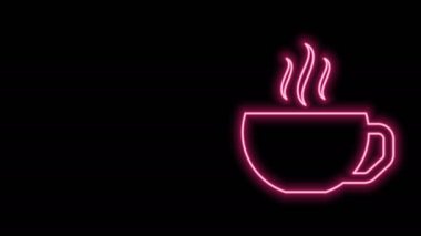 Parlayan neon hattı kahve fincanı simgesi siyah arka planda izole edilmiş. Çay fincanı. Sıcak içecek kahvesi. 4K Video hareketli grafik canlandırması