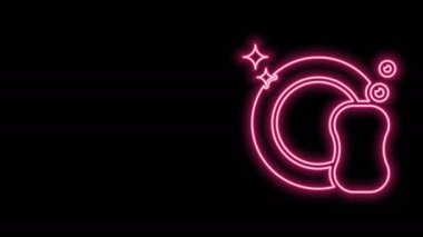 Parlayan neon hattı bulaşık yıkama simgesi siyah arkaplanda izole edildi. Tabak ve sünger. Bulaşık yıkama ikonu. Bulaşık makinesi tabelası. Masa takımı tabelası temiz. 4K Video hareketli grafik canlandırması
