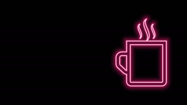 Ligne lumineuse néon Icône tasse de café isolé sur fond noir. Une tasse de thé. Café chaud. Animation graphique de mouvement vidéo 4K — Video