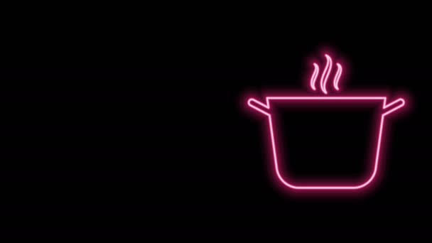 Gloeiende neon lijn Koken pot pictogram geïsoleerd op zwarte achtergrond. Kook of stoofpot voedsel symbool. 4K Video motion grafische animatie — Stockvideo